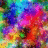 A vibrant, pixelated abstract composition with swirling colors including purple, pink, blue, green, yellow, and orange, set against a blurred background.