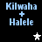 Light blue text "Kilwaha + Halele" on black background with two star icons, one white and one gray.