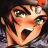 A pixelated anime-style character face with an open mouth and hand near the cheek, next to stylized text on a black background.
