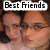 Two people in close proximity with a white banner displaying 'Best Friends' text above them against a dark background.