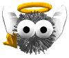 Animated icon of a gray, spiky creature with large white eyes and black pupils, wearing a yellow halo and holding a small golden object.
