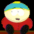 Pixelated South Park character Kenny McCormick in six sequential animation frames showing mouth and eye expression changes while seated on a brown bench against black background.
