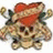Pixelated skull with red bandana, crossed bones, and dark eye sockets on a light background.