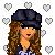 Pixel art of a woman with long curly hair wearing a dark cap, cropped top, and shorts against a heart-patterned background with blue text.