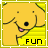 Yellow cartoon dog with black eyes and nose, pink tongue visible in some frames, on yellow striped background with text 'FUN', 'With', or 'SPOT!' at bottom.
