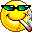 A 3x2 contact sheet of five animated frames showing a yellow smiley face wearing black sunglasses with green lenses, holding a smoking cigarette in its mouth against a gray background.
