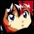 Pixelated anime-style character with red and brown hair, blue eyes, and a neutral expression, next to stylized text on a black background.