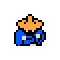 Pixelated character with orange hair and blue clothing in two side-by-side poses showing different arm positions.
