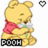 Pixelated Winnie the Pooh icon with red shirt and green pants, two heart symbols above head, 'POOH' text below.