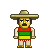 Pixel art character wearing a wide-brimmed straw hat, red sleeveless top with green and yellow horizontal stripes, light pants, brown shoes, dark mustache, neutral expression.