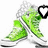 Green sneakers with white laces and a black heart icon, pink socks on legs, blue background with colorful objects, black-and-white cartoon face with large eyes.