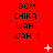 Red background with repeated black text "BOM CHIKA WAH WAH !!" in three , white pixelated stars and plus signs scattered across the image