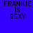 Four quadrants display 'FRANKIE IS SEXY' text in black pixelated font on solid blue, purple, red, and magenta backgrounds.