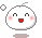 Pixelated white circular character with pink cheeks, black curved eyes, and a red mouth on gray background.