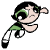 Pixelated cartoon character in two sequential animation frames showing eye color change from green to pink while flying, with black hair and green outfit on white background.