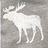 White moose silhouette on gray background with heart-shaped icons in blue, yellow, pink, and black on white patterned backdrop.