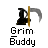 Pixelated icon of a black-cloaked figure holding a scythe with brown handle and gray blade, below text reading 'Grim Buddy' in blocky font.