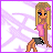 Pixel art contact sheet of a blonde female character in pink top and black skirt across four frames with purple text overlays on white background.