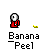 Pixelated cartoon character with red and blue clothing peels a banana, showing sequential motion of the banana peel and character's hands.