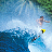 Pixelated static image shows a person surfing on blue water with green foliage in the background, wearing dark swimwear and holding a yellow object.