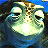 Pixelated image of a green frog-like creature with closed eyes and a wide smile, positioned next to black text reading 'DUDE' on white background.