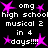 Static pixel art with white text and pink stars on a black background, repeating phrases about 'high school musical 2' and 'in 4 days!!!'