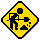 Four yellow diamond-shaped warning signs with black borders show construction workers using tools, each sign differing in worker pose and tool details.