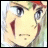 Anime-style character face with red hair and blue eyes, side-by-side with pixelated text on black background.