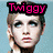 A four- shows a person with light brown hair styled in braids, blue eyes, and pink lips against a light blue background. The top-left has black text reading "Twiggay" above the head