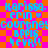 Pixelated text on a checkered background with alternating orange and pink squares, featuring repeated phrases and symbols in blue and cyan.