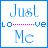 A 4x3 contact sheet of an animated AIM buddy icon showing sequential frames where the word "LOVE" in the phrase "Just LOVE Me" transitions from dotted to solid text with color changes, all on a white background with blue borders.
