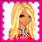 Pixel art contact sheet of a blonde character and text hearts on pink background with gray transparency area.