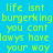 Pixelated text repeats across a blue background with purple rectangular overlays on select words.