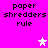 Bright pink background with black text reading 'paper shredders rule' in four quadrants and three white star icons in different positions.