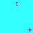 A cyan background displays scattered pink 'I' shapes and various small pixelated symbols including plus signs, Xs, dots, and starbursts in motion.