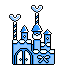 Pixelated blue castle with white accents and snow-capped spires, set against gray background with scattered white starbursts.