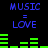 Blue pixelated text "MUSIC = LOVE" appears above green audio equalizer bars on a black background, with two identical side-by-side configurations.