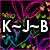 Pixelated icon with white text K=J=B on black background, surrounded by colorful abstract floral patterns in pink, green, blue, and yellow.