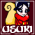 Pixelated 50x50 AIM buddy icon featuring a cartoon cat-like character in red attire next to a large yellow spiral object on maroon background with white text "USUKI" at bottom.