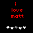 Red pixelated text 'i love matt' on black background with five white and gray plus signs below, showing different sign positions