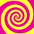 Four pink and yellow spiral patterns arranged in a square on a yellow background