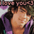 Pixelated image of a person with brown hair wearing purple clothing, holding hands near their face under text reading "I love you!" in pink letters.