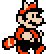 Pixel art of a character in red and black attire with orange accents, shown in four distinct poses against a gray background.
