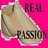 Pixelated icon with pink background, central beige shape, and dark text reading 'REAL' and 'PASSION' in blocky letters.