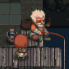 Pixel art animation of two characters on a wooden platform with dark tiled background; one character has white hair and holds an object while the other has brown hair.