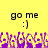 Yellow background with two identical 'go me :]' text blocks above a purple pixelated crowd animation.