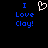 Blue pixelated text "I Love Clay!" appears on both sides of a white pixelated heart symbol against a black background.