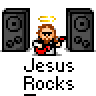 Pixel art animation of a bearded figure with halo playing red electric guitar, surrounded by speakers and repeating "Jesus Rocks" text on gray background.