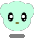 Two pixelated light green character faces with black eyes and brown mouths, one smiling and the other crying blue tears.