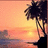 Pixelated sunset scene with a figure on the left and yellow text on an orange background on the right.
